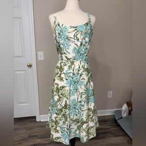 LOFT Floral Midi Dress in Blue and Green